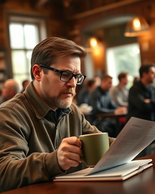 custom journalism, focused expression, writing an article, photorealistic, cozy coffee shop corner bustling with patrons, highly detailed, steam rising from a mug, sharp focus, warm earth tones, diffused natural light, shot with an 85mm lens.