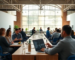 motivational company purpose, inspired, leading innovation, photorealistic, expansive open space with diverse teams at work, highly detailed, energy flow through collaborative spaces, 4k resolution, earthy tones, diffused lighting, shot with a macro lens.