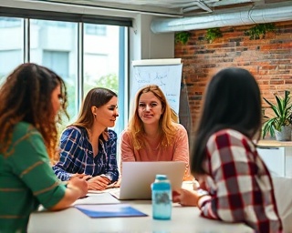inclusive company vision, harmonious, aligning with diversity, photorealistic, multicultural team in a colorful workspace, highly detailed, diverse interaction scenes, 6k resolution, bright hues, natural daylight, shot with a prime lens.