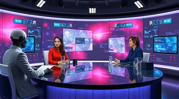 innovative AIbroadcast, engaging, hosting a panel with diverse AI entities, photorealistic, in a modern broadcast room with augmented reality elements, highly detailed, lively interfaces floating in air, crisp colors, studio lighting, shot with a 70-200mm lens.