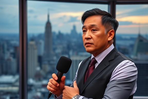 news reporter, thoughtful expression, delivering a broadcast, photorealistic, expansive city skyline visible through the windows, highly detailed, microphone in hand, crisp resolution, vibrant colors, evening light, shot with a 24mm wide-angle lens.