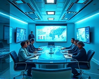 ambitious company goals, determined, strategizing future, photorealistic, high-tech conference room with smartboards displaying plans, highly detailed, interactive digital elements, high resolution, cool tones, dynamic overhead lighting, shot with a fisheye lens.
