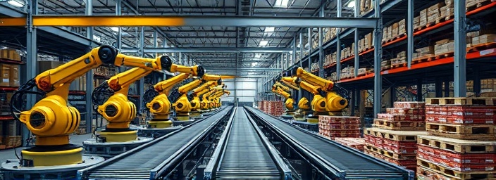 precise strategy automation, confident stance, optimizing logistics, photorealistic, industrial warehouse with robotic arms, highly detailed, moving conveyor belts and pallets, super-resolution, industrial gray and fluorescent yellow, dramatic shadowing, shot with a 35mm lens