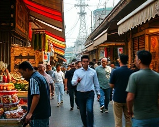 custom journalism, inquisitive nature, exploring a story on the street, photorealistic, bustling marketplace with diverse cultures, highly detailed, ambient chatter and motion blur, pinpoint focus, lively hues, midday sunlight, shot with a 35mm prime lens.