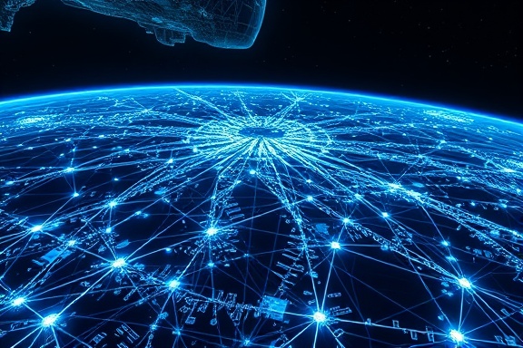 advanced accelerator network, expansive, illustrating vast digital interconnections, photorealistic, set against a backdrop of satellite imagery and data grids, highly detailed, pulsating connections and neon highlights, ultra high definition, azure and silver, starkly contrasted with underlighting, shot with a 35mm lens.