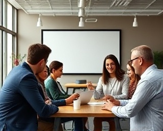 empowering company values, confident, guiding towards growth, photorealistic, modern office setting with employees engaged in brainstorming, highly detailed, shifting focus between individuals, 8k resolution, warm and inviting, soft natural lighting, shot with a standard lens.