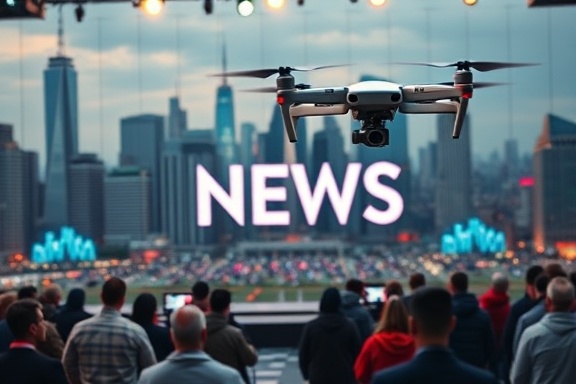 dynamic AInews, authoritative, delivering headlines to a digital audience, photorealistic, set in front of a large city backdrop with flying drones recording the scene, highly detailed, with real-time data and graphs appearing, vibrant hues, spotlight lighting, shot with a 35mm lens.