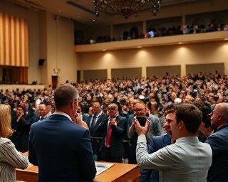 press custom, energetic demeanor, engaging in a press conference, photorealistic, grand hall filled with journalists and attendees, highly detailed, flashes of cameras, ultra-high definition, neutral tones, bright artificial lighting, shot with a 35mm lens.