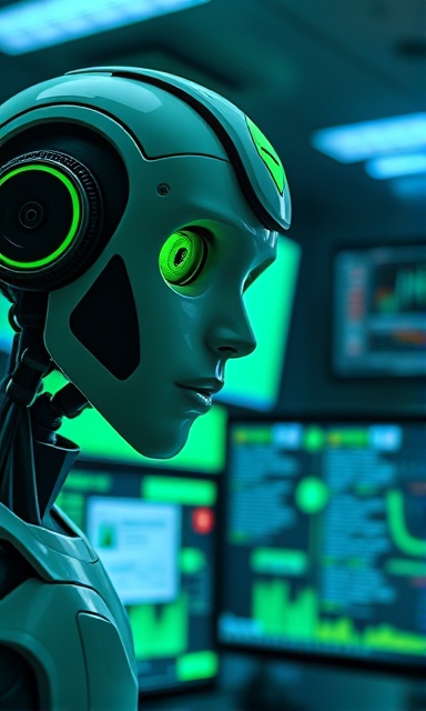 advanced bot analysis, inquisitive expression, analyzing social media data, photorealistic, sleek tech lab filled with monitors, highly detailed, pop-ups and notifications, ultra high definition, tech-inspired green and black colors, diffused lighting, shot with a 70mm macro lens