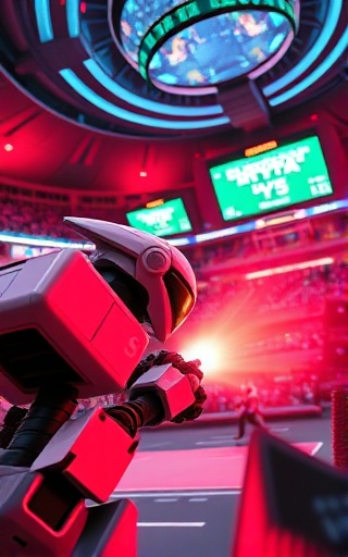 dynamic bot strategy, intense viewpoint, executing competitive strategies, photorealistic, futuristic sports arena with holographic projections, highly detailed, animated scoreboards and cheering crowds, cinematic quality, bright red and neon green spectrum, fast-paced lighting, shot with a 200mm telephoto lens