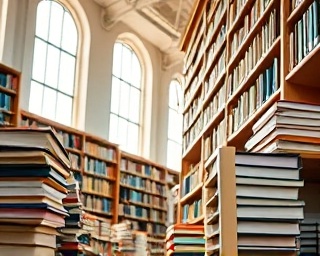 media program, earnest curiosity, researching topics, photorealistic, library filled with stacks of books and notes, highly detailed, sunlight streaming through tall windows, crystal clear image, soft pastels, ambient daylight, shot with a 70mm macro lens.