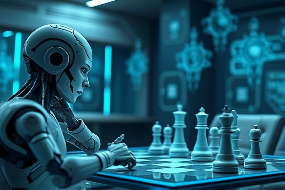 futuristic bot strategy, contemplative stare, strategizing chess moves, photorealistic, futuristic boardroom with holographic chessboard, highly detailed, floating holograms, 4K clarity, steel gray and cyan tones, soft ambient light, shot with a 24mm lens