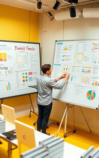 meticulous media tactics, analytical expression, executing, photorealistic, creative agency studio with brainstorming boards, highly detailed, dynamic charts, high-resolution, bright yellow, studio lighting, shot with a 70mm lens