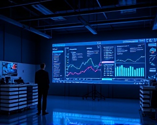 forward-thinking company goals, visionary, planning for future impact, photorealistic, large screen displaying projected timelines in a high-tech office, highly detailed, graphical data visualization, 4k resolution, cyber-blue, focused spotlighting, shot with an ultra-wide lens.