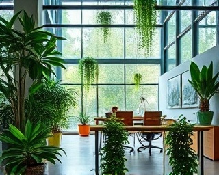 sustainable company values, committed, advocating eco-friendly practices, photorealistic, green office environment with plants and solar panels, highly detailed, seamless integration of nature and tech, 5k resolution, green and natural tones, soft ambient lighting, shot with a zoom lens.