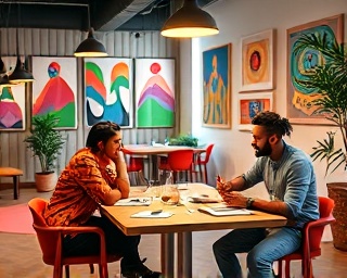 dynamic company ethos, passionate, fostering creativity, photorealistic, vibrant co-working space with artistic decor, highly detailed, creative brainstorming sessions, ultra-high resolution, vibrant colors, dramatic lighting, shot with a telephoto lens.