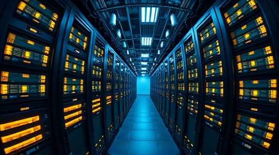 efficient bot analysis, observant glance, sorting massive databases, photorealistic, high-density data center with endless servers, highly detailed, glowing server lights, 12K resolution, navy blue and electric yellow scheme, cool bluish light, shot with a fisheye lens