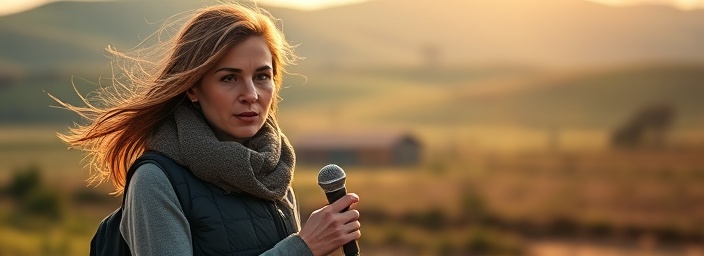 news reporter, poised presence, reporting from the field, photorealistic, rural landscape with a backdrop of rolling hills, highly detailed, wind catching hair and clothing, pristine image quality, soft greens and browns, golden hour lighting, shot with a 135mm telephoto lens.